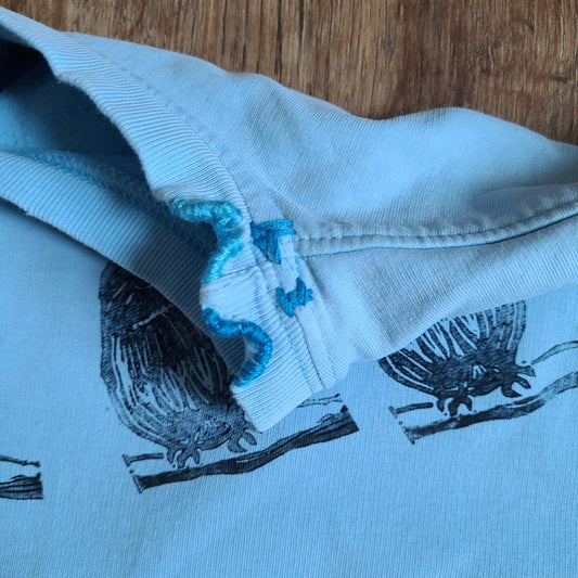 Blue Sweatshirt with Bird Print and Visible Mends