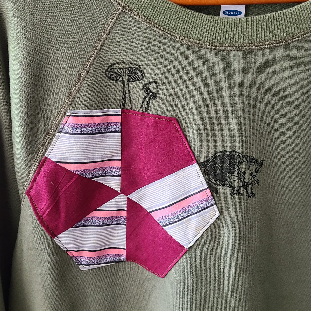 Green Tunic Sweatshirt with Possum Print and Vintage Quilt Piece
