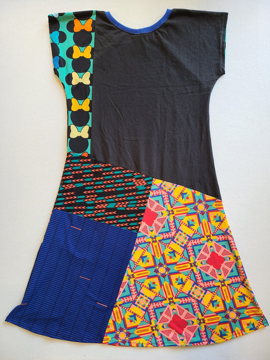 A black and blue dress with a colorful pattern.