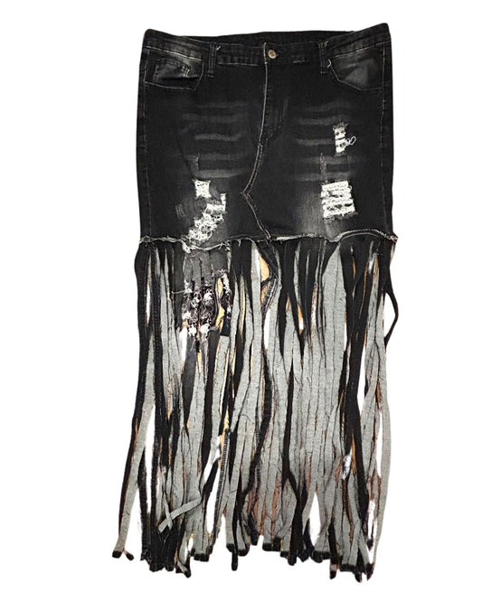 Midnight Outlaw Black Denim Fringe Skirt by The Modern Alien, photo 2