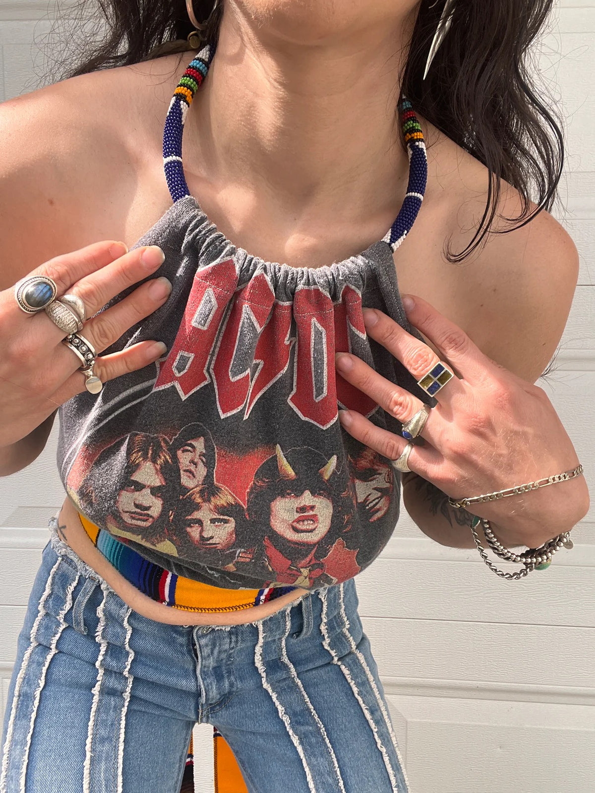 ACDC Beaded Halter Backless Halter Crop Top