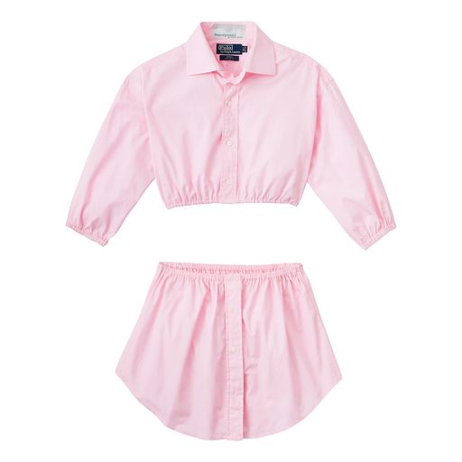 Pretty In Pink 2 piece shirt skirt set on a white background.