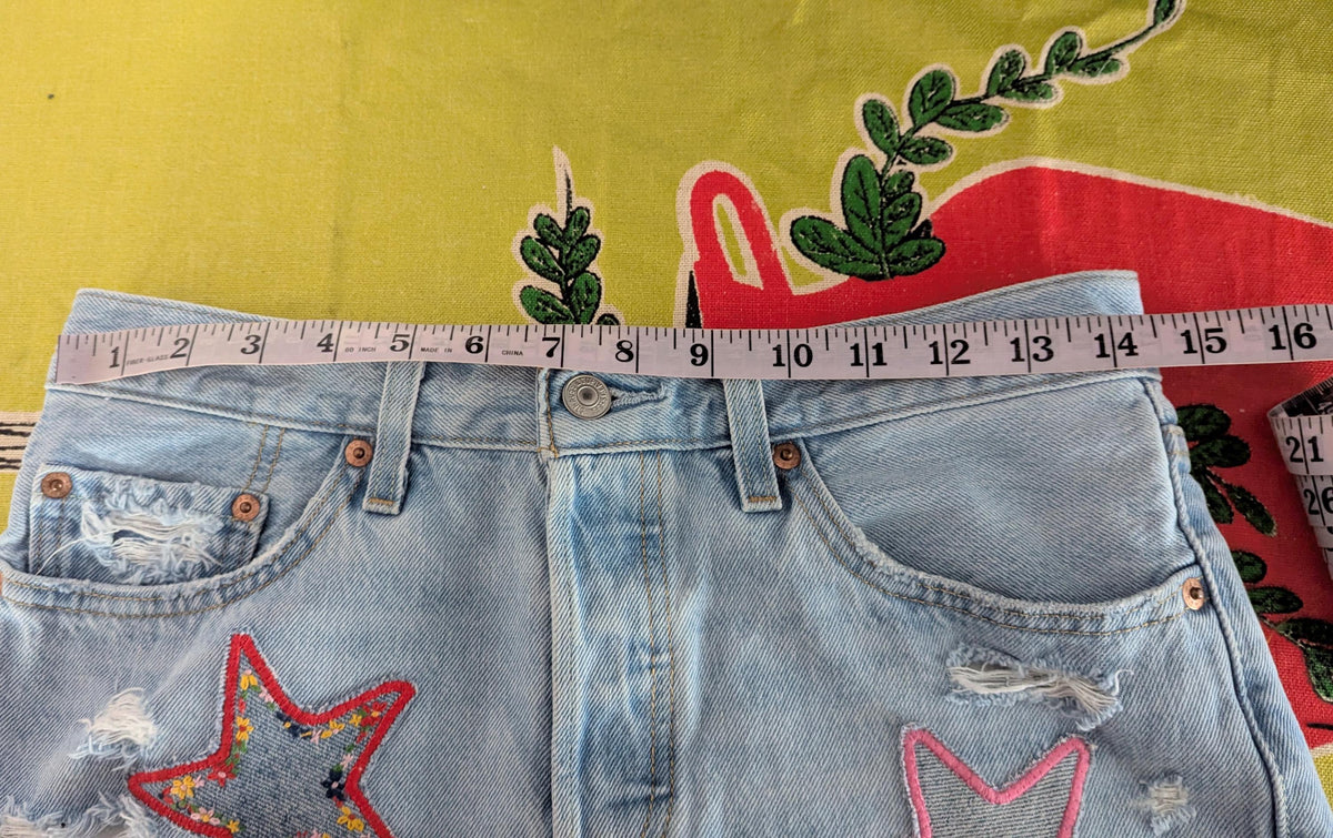 Embroidered Patchwork Star Shorts- Light Wash Distressed Levi's 501