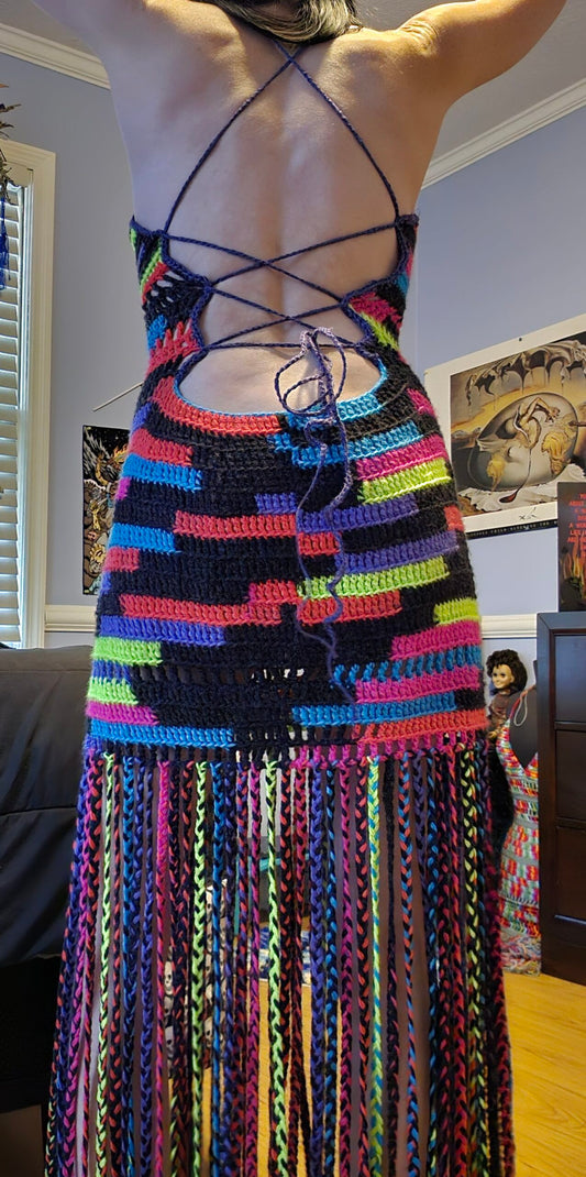 Crochet Open Back Fringe Maxi Dress - S/M