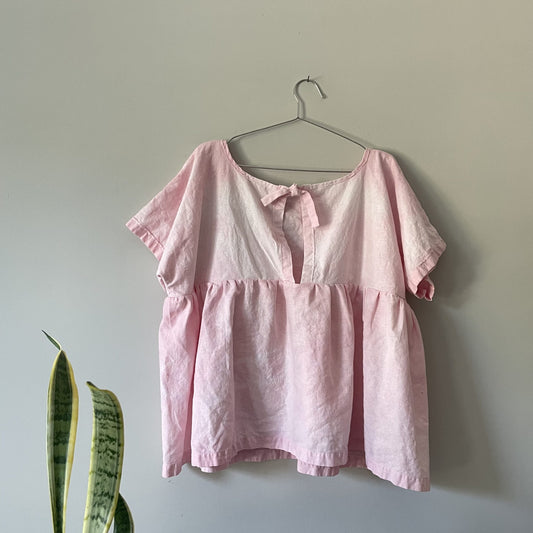A pink blouse hanging on a wall next to a plant.