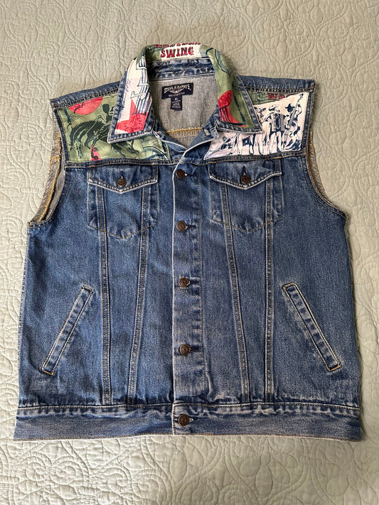 Upcycled denim vest embellished w/vintage Alexander Henry Honky Tonk fabric
