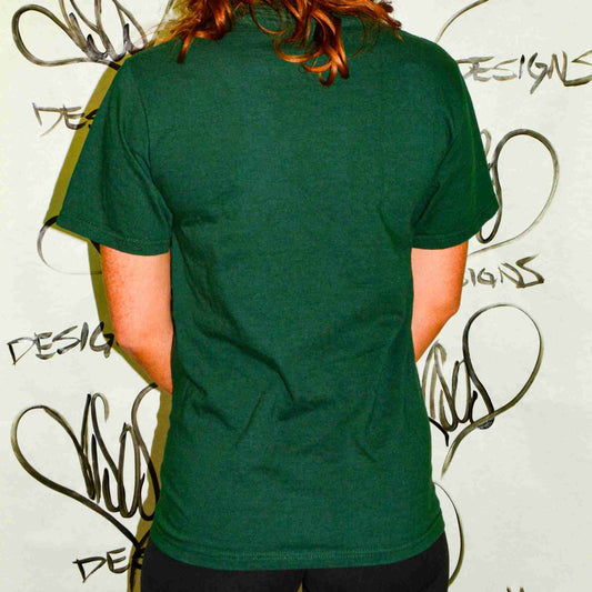 a man with long red hair wearing a green shirt.