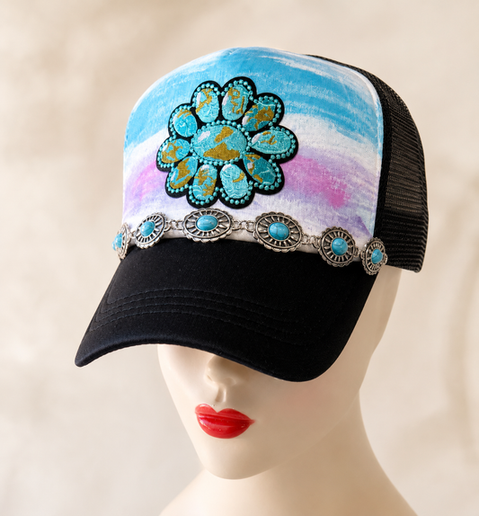 Turquoise Bloom Hand-Painted Trucker Hat