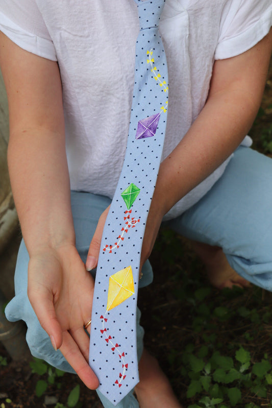 Let's Go Fly A Kite hand-painted skinny tie