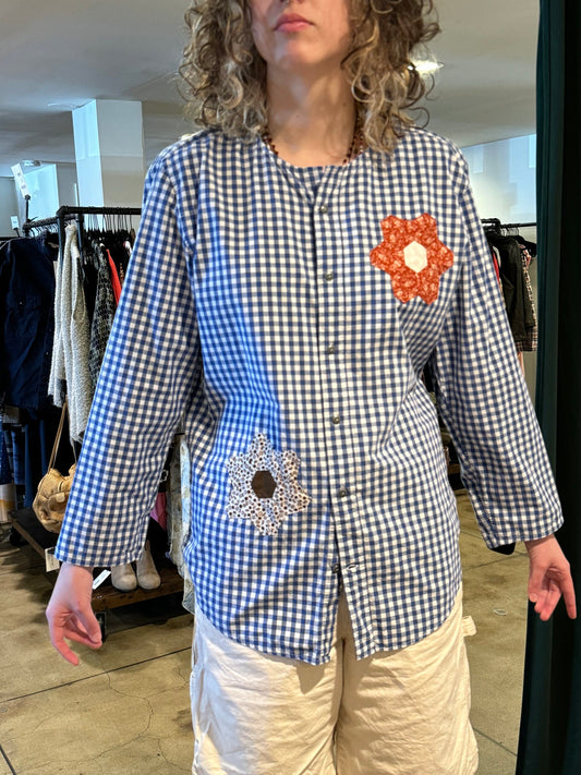 Fortuna Blue Plaid with Flowers Collarless Shirt