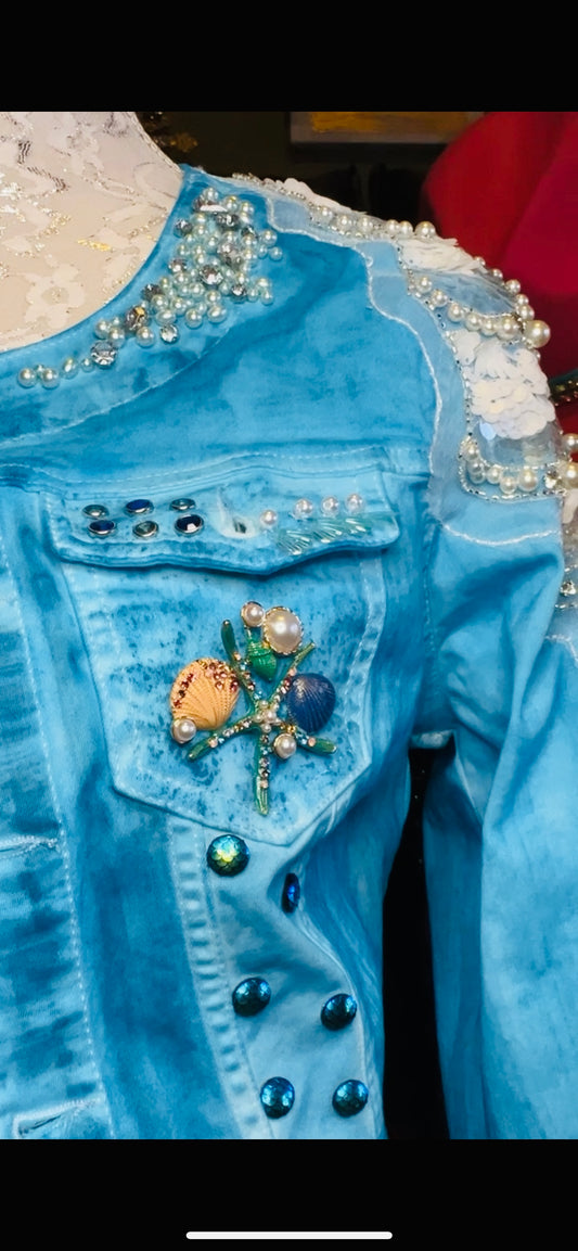 Hand dyed mermaid theme denim jacket Sz Small