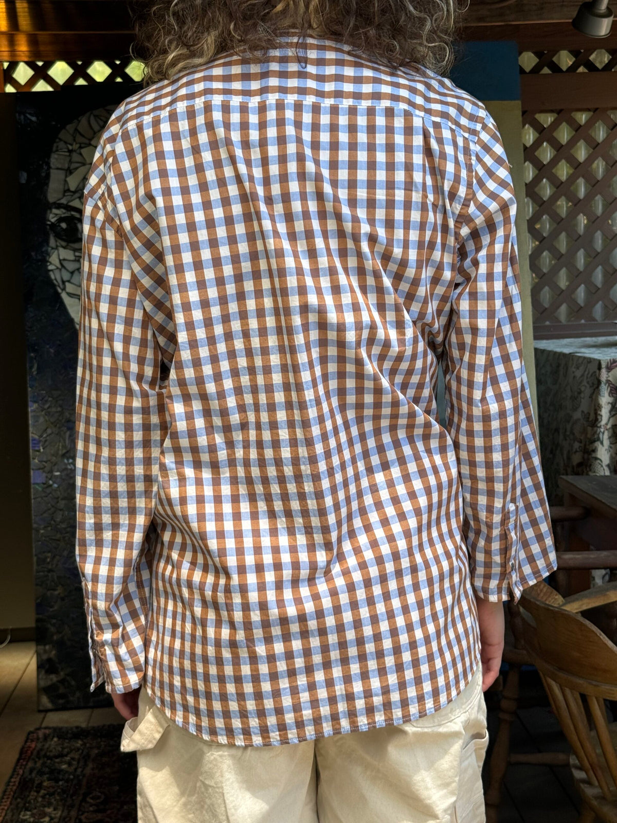 Fortuna Collarless Shirt (Brown & Blue Check)
