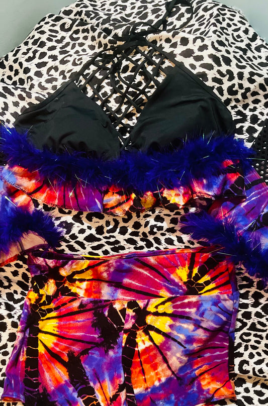 A colorful bikini with animal print on it.