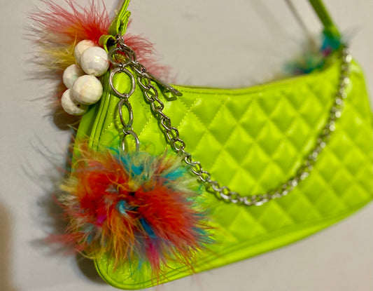 Lime Green Upcycled Mini Purse Multicolored Feathers & Upcycled Charms