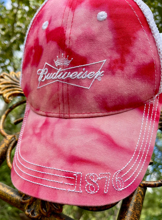 Custom Bleach Tie Dyed Vintage Budweiser Trucker Hat Red & White One Size Fits Most