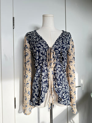 Mixed Print Floral Tie Front Bell Sleeve Blouse Size S