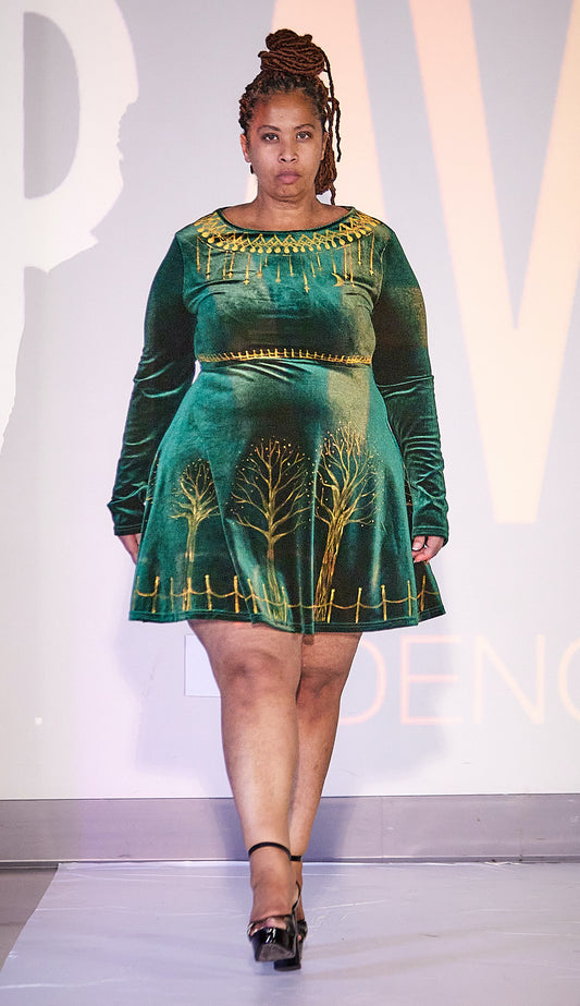 Hand-painted Gold Trees & Green Velvet Dress