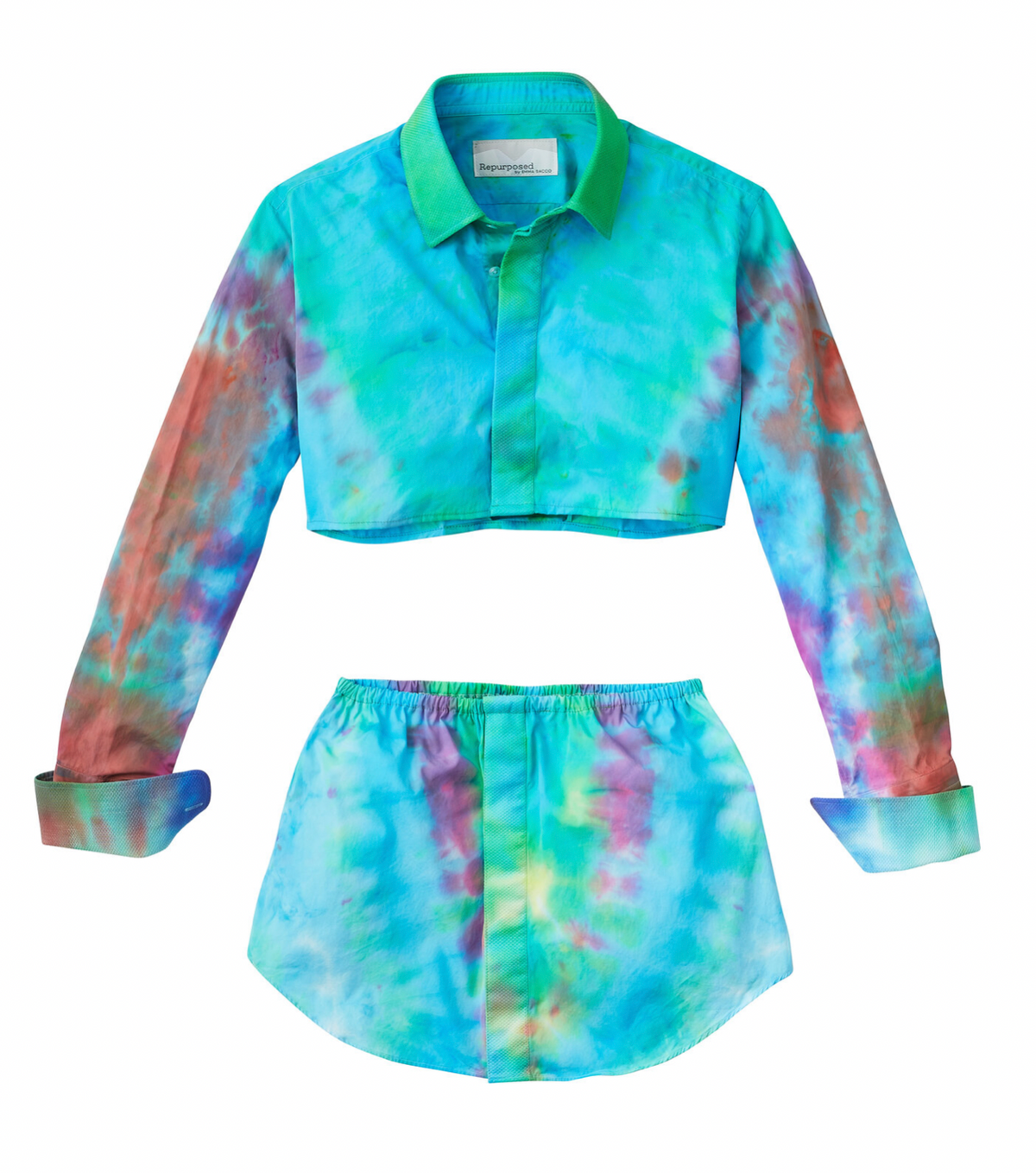 a tie - dyed shirt and shorts are shown.