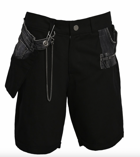 A pair of Bull Denim Up-worked Shorts in black with chains on them.