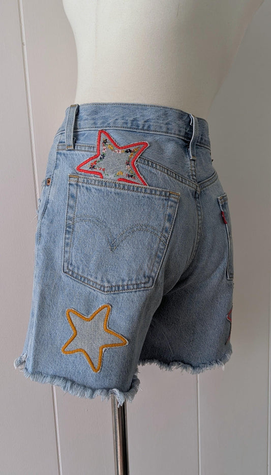 Embroidered Patchwork Star Shorts- Light Wash Distressed Levi's 501