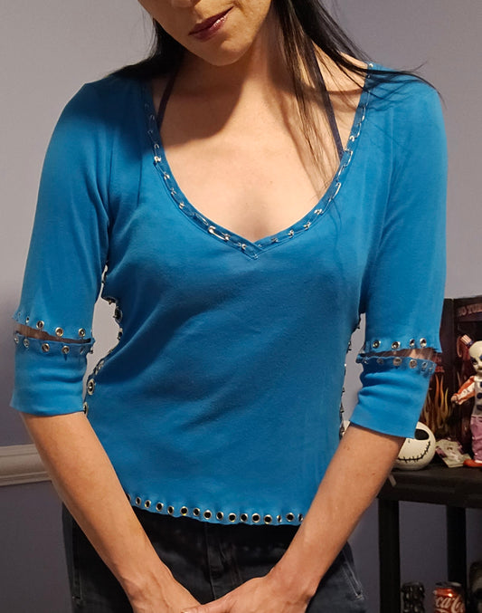 Upcycled Blue Safety Pin Embellished Shirt - M