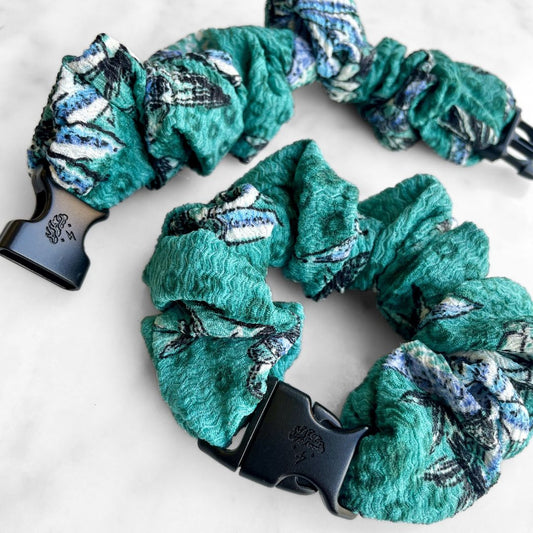 Tropic Teal Floral Buckle Scrunchie - No Snagging, No Tangles