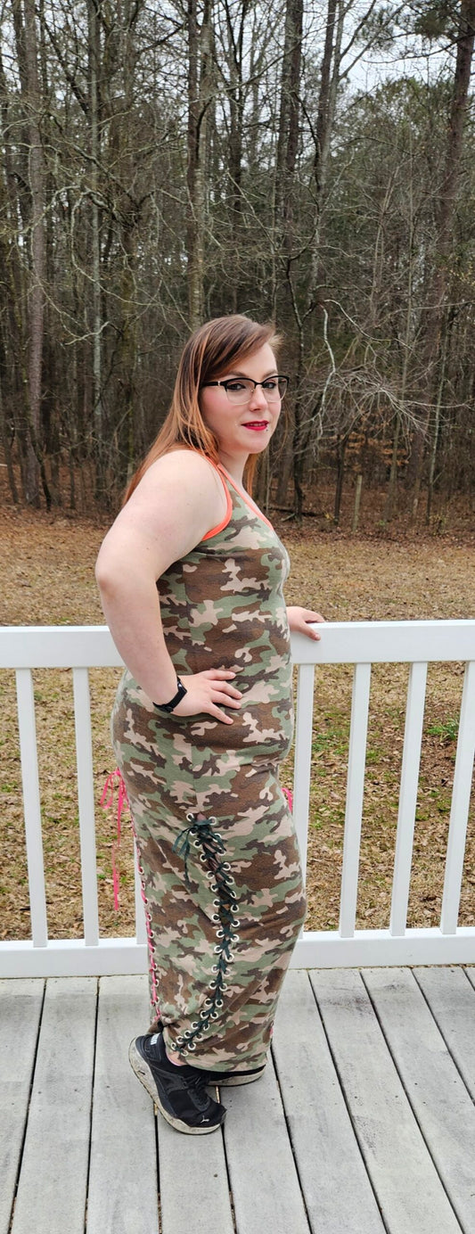 Upcycled Camo Lace Up Dress - L