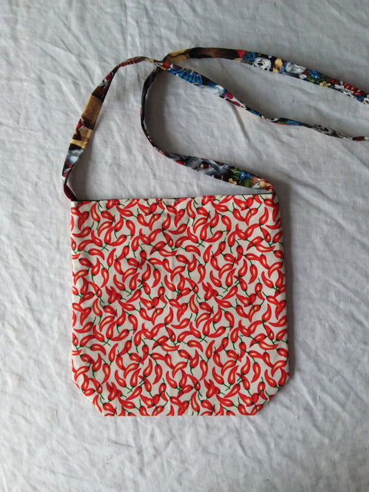 Red hot chili pepper fabric hand bag with a long strap