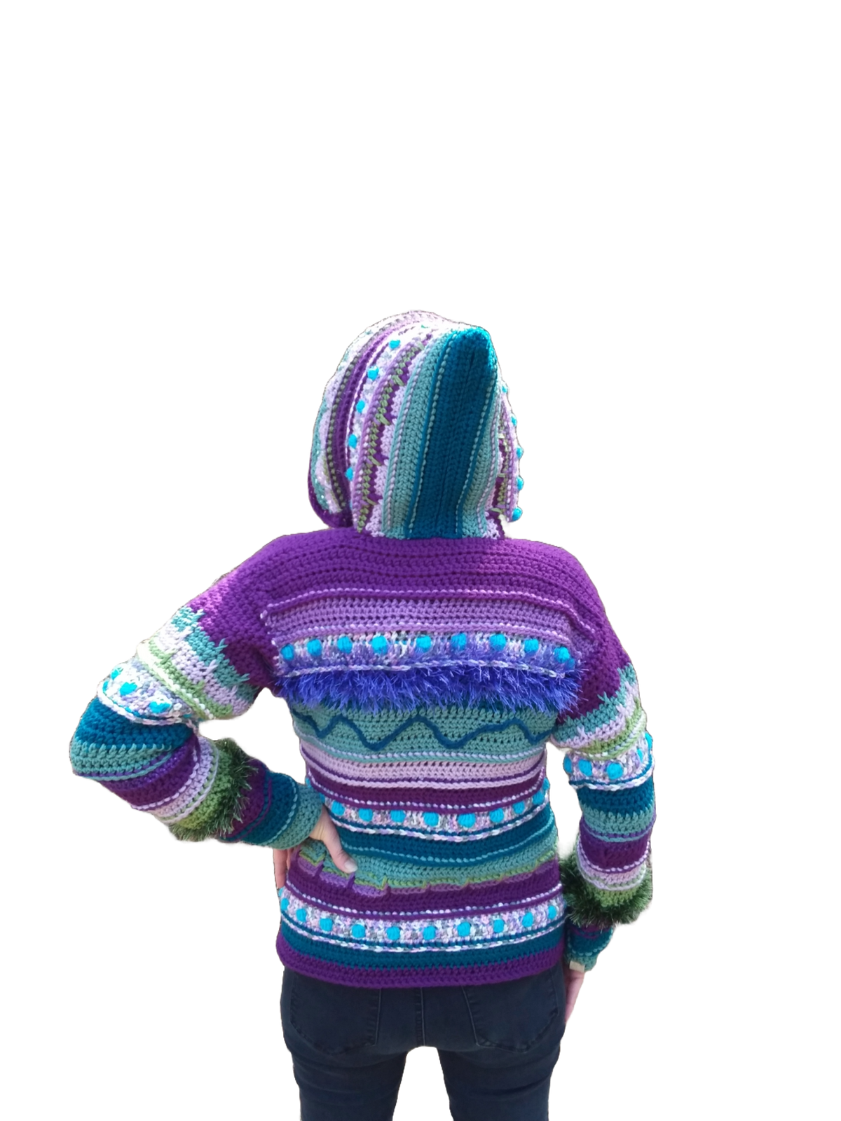 Crochet hooded coat in bright colors and textures