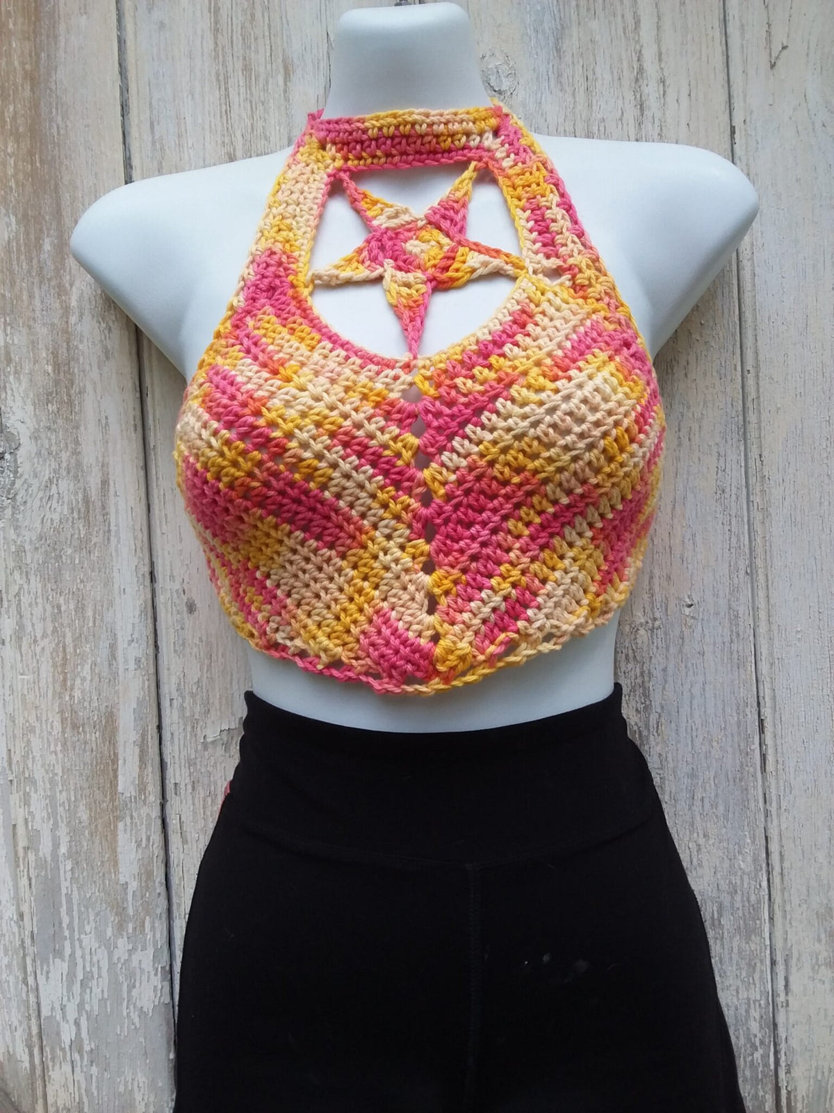 Crochet crop top halter shooting star design, yellow and pink
