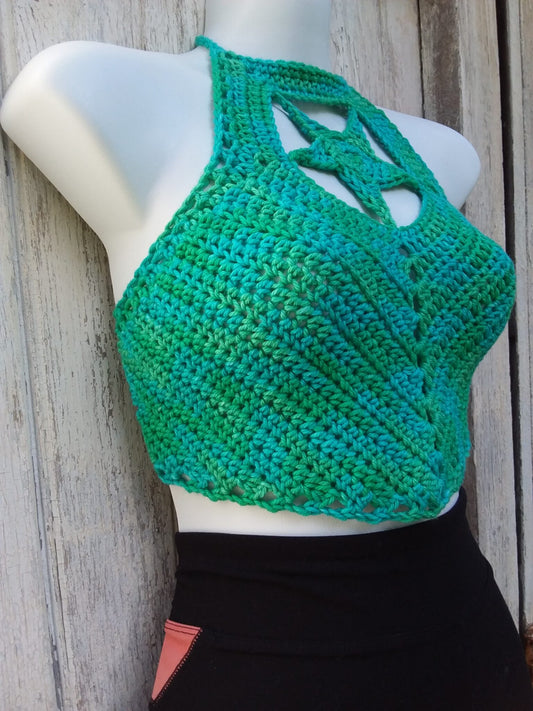 Crochet crop top halter with star design in hand dyed organic cotton yarn of shades of green and blue