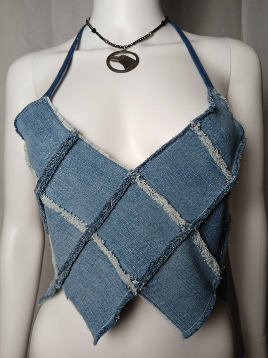 Upcycled raw edge denim halter and a raven necklace