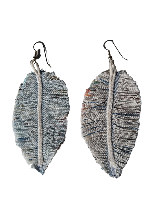 Unique denim feather earrings made from recycled textile