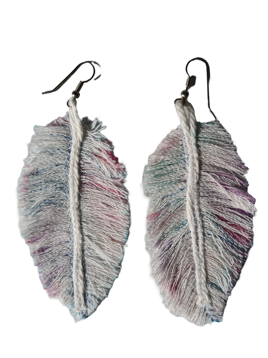 Feather earrings made from denim with silver hooks