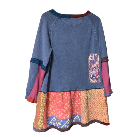 Upcycled Mushroom Tunic Top XL Knit Sweater with Kantha Hem