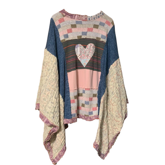 Upcycled Boho Poncho Pink Kantha Plus Size Gypsy Festival Handmade