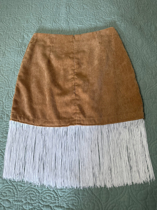 Corduroy embroidered skirt w/ 8 inch fringe