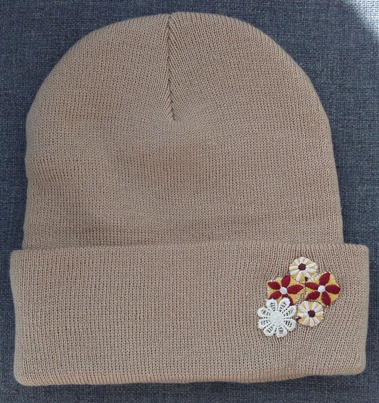 Laced Flowers Tan Custom Embroidered Beanie by Rehab Threads, photo 2