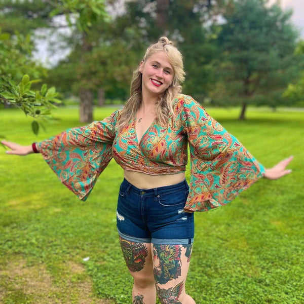 Upcycled Sari Bell Sleeve Wrap Top, Adjustable, Sizes 0 to 32