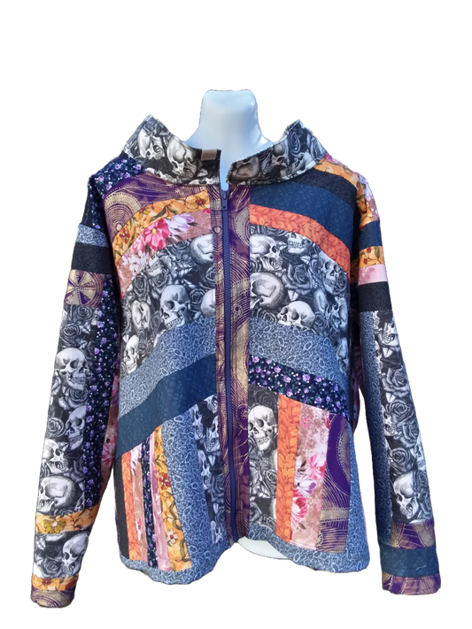 Hand made quilted jacket with skull and flower recycled fabrics
