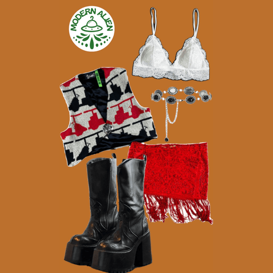 Western Desert Vest Crop Top & Lace Fringe Mini Skirt – Handmade & Upcycled