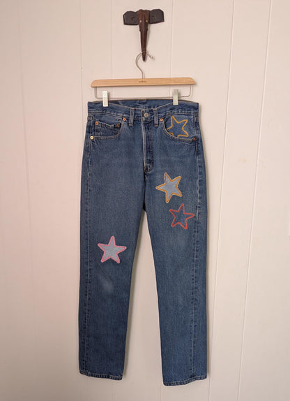 Patchwork Star Jeans- Medium Wash Levi's with Handmade Star Patches