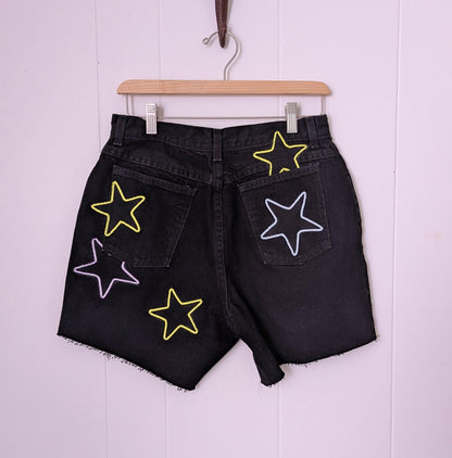 Black Denim Patchwork Star Shorts