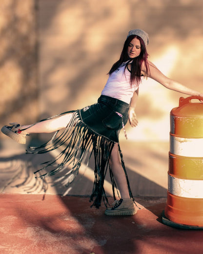 Midnight Outlaw Black Denim Fringe Skirt by The Modern Alien