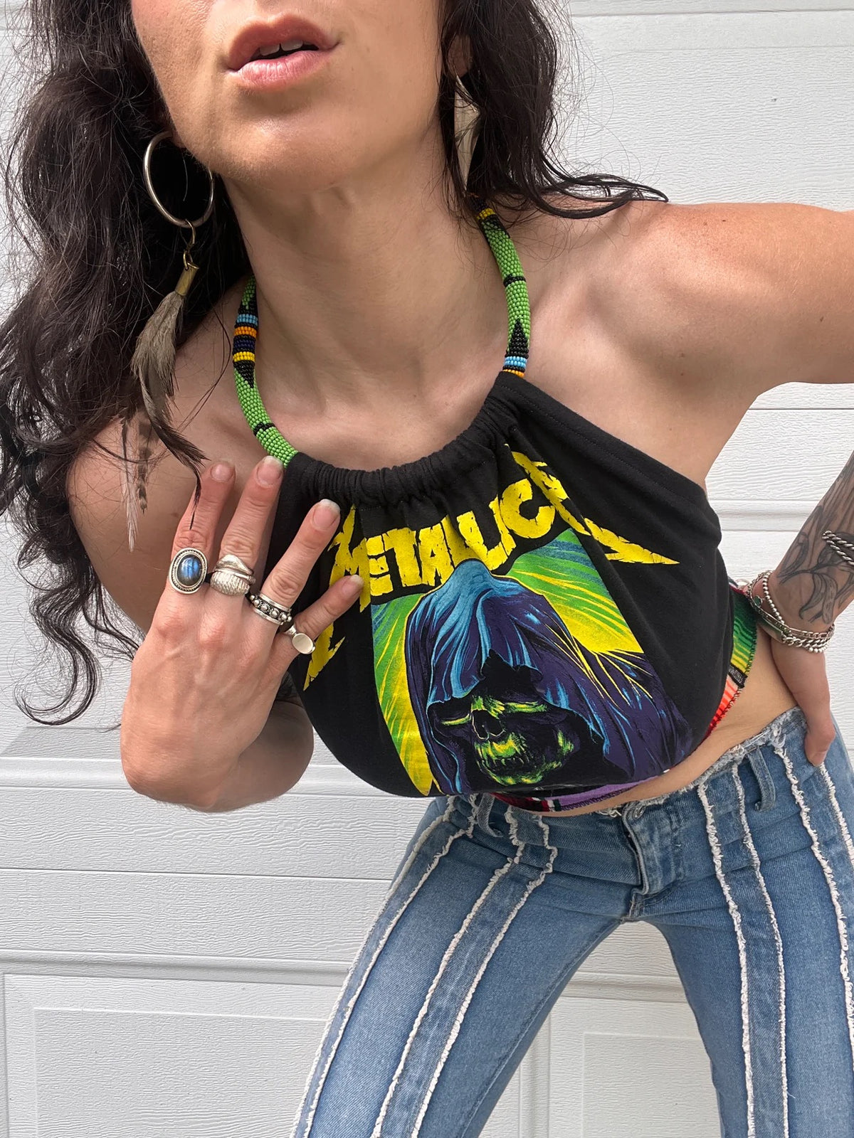Metallica Beaded Halter Backless Halter Crop Top
