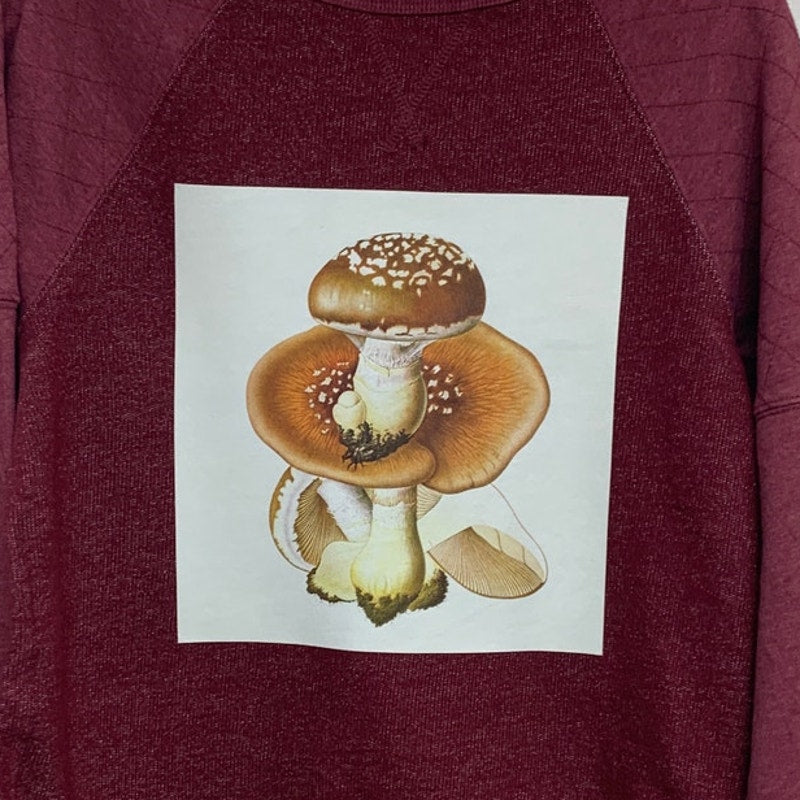 Upcycled Hand Printed Women XL Spodoleucus Oyster Mushroom PolyCotton Sweatshirt