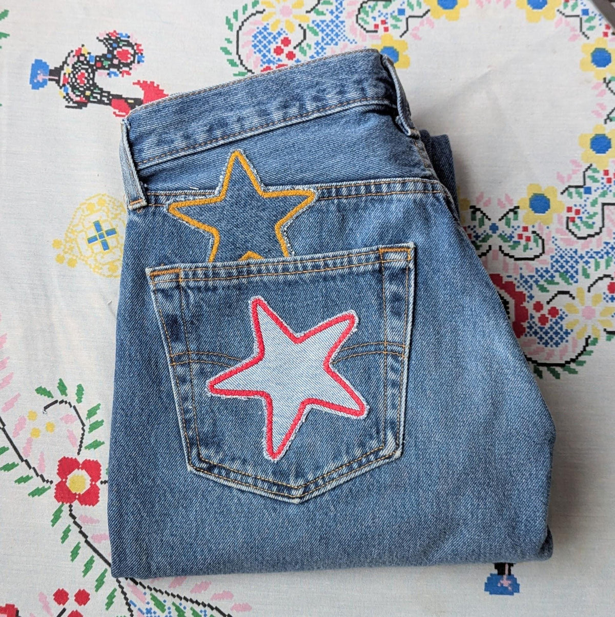 Patchwork Star Jeans- Medium Wash Levi's with Handmade Star Patches