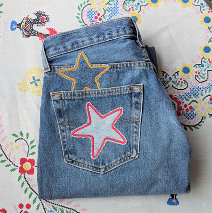 Patchwork Star Jeans- Medium Wash Levi's with Handmade Star Patches