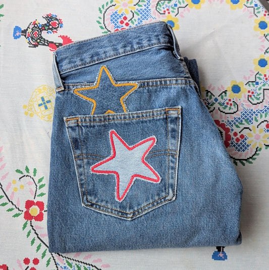 Patchwork Star Jeans- Medium Wash Levi's with Handmade Star Patches