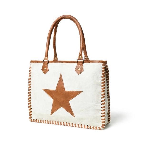 Star Upcycled Canvas and Leather Shoulder Tote Bag